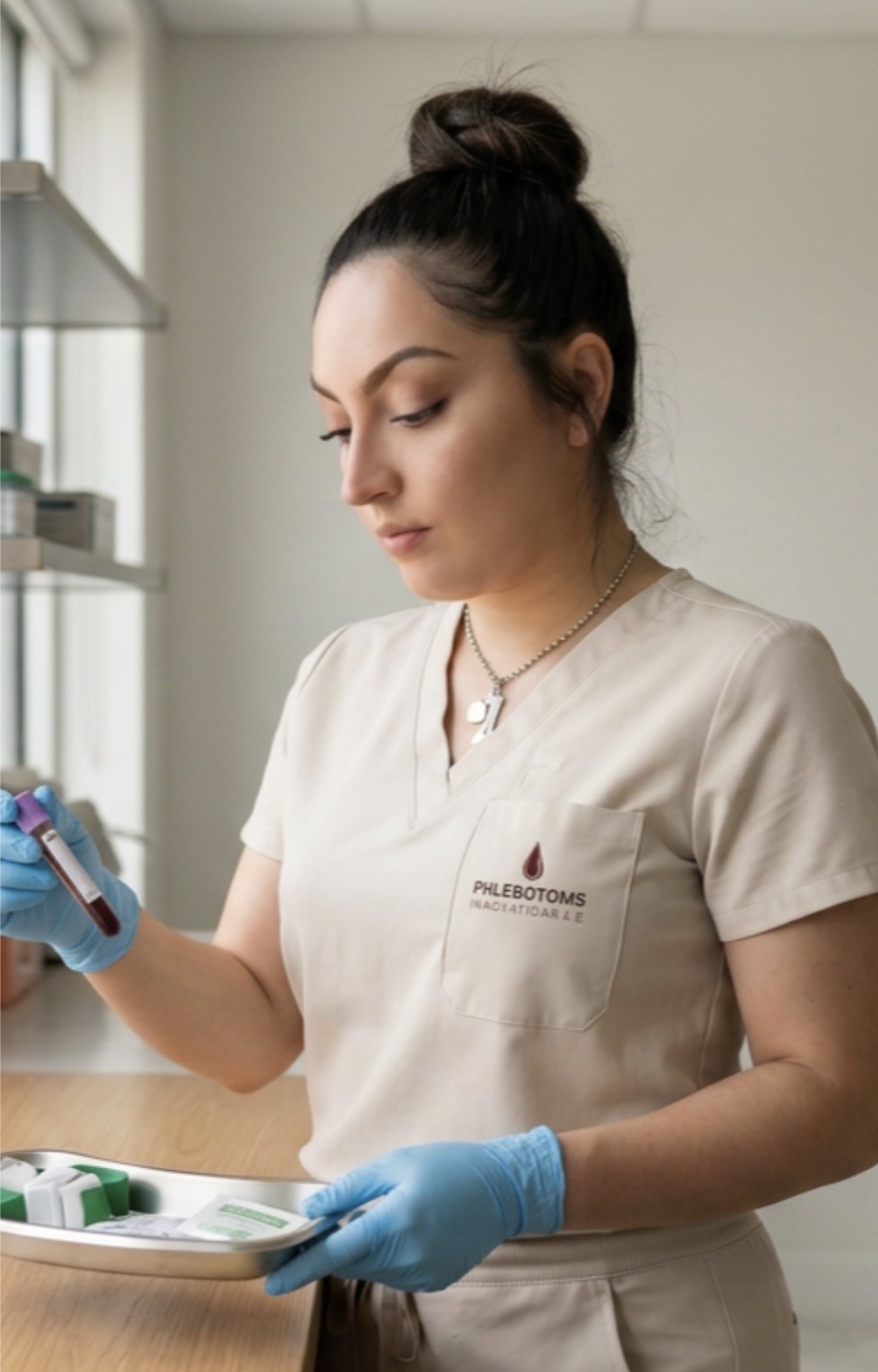 Founder and phlebotomist in professional scrubs
